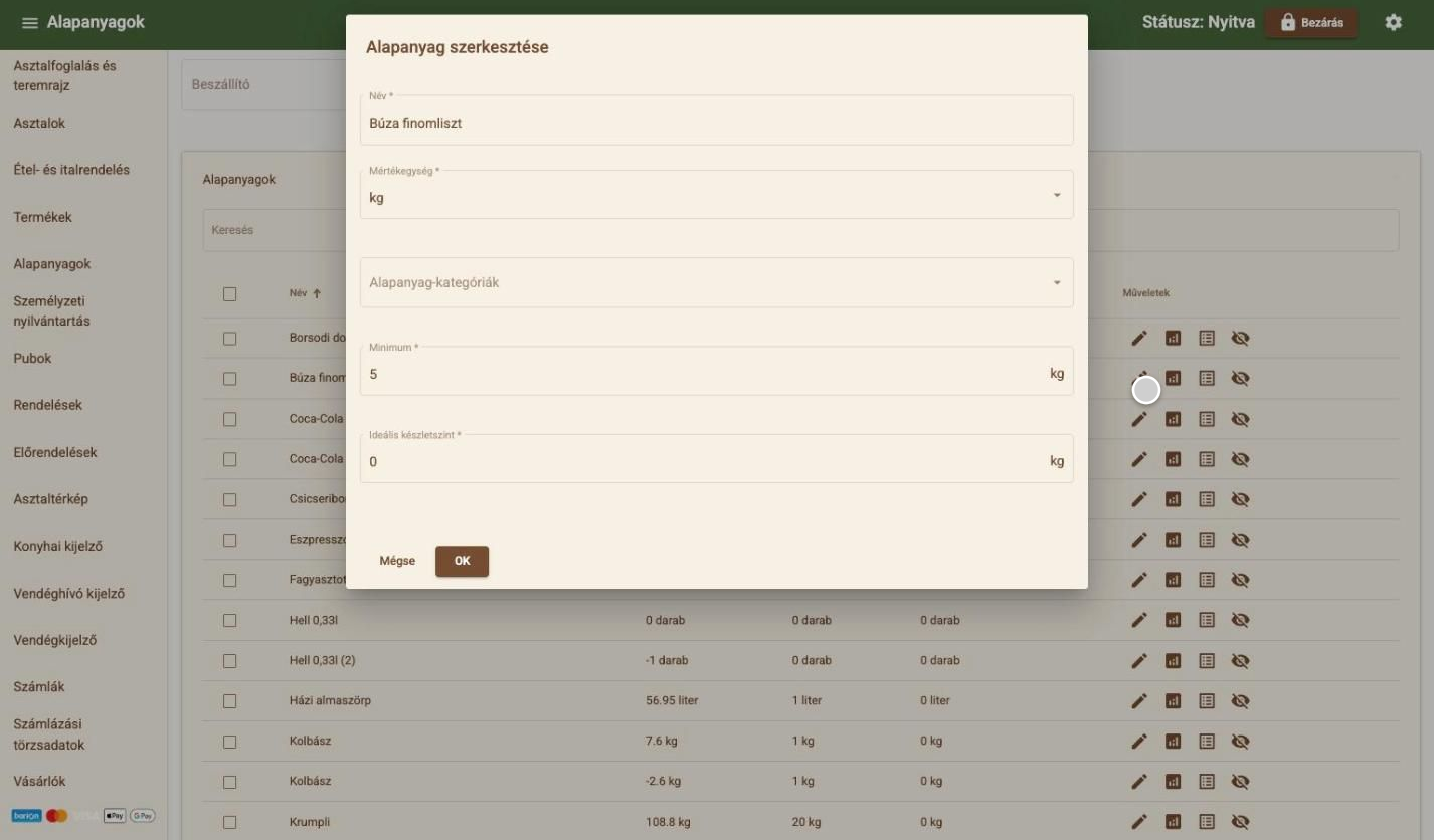 Editing an ingredient with unit, minimum and ideal stock level