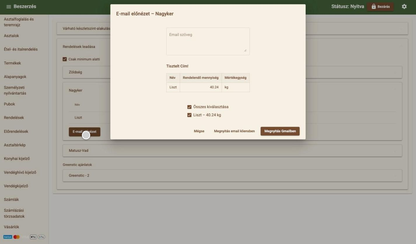 Order email preview for the supplier