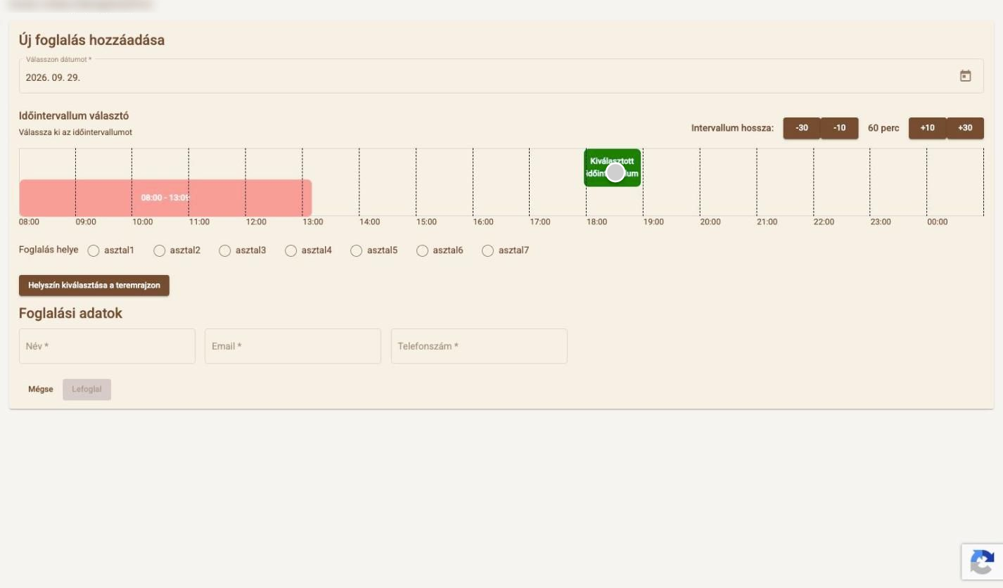 Public booking page: time slot picker with booked slots, table choice, guest details