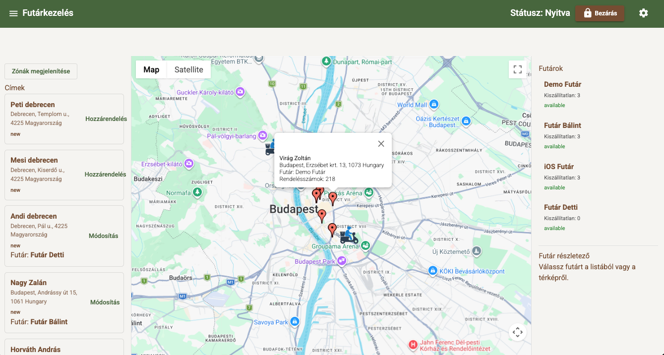 Courier management: delivery addresses on the map, couriers on the map and in a list with their undelivered order counts