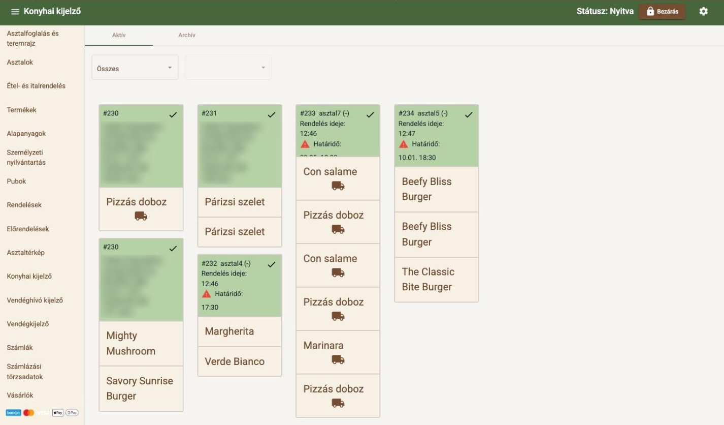 Kitchen display: orders on cards with table, order time, deadline and takeaway flag