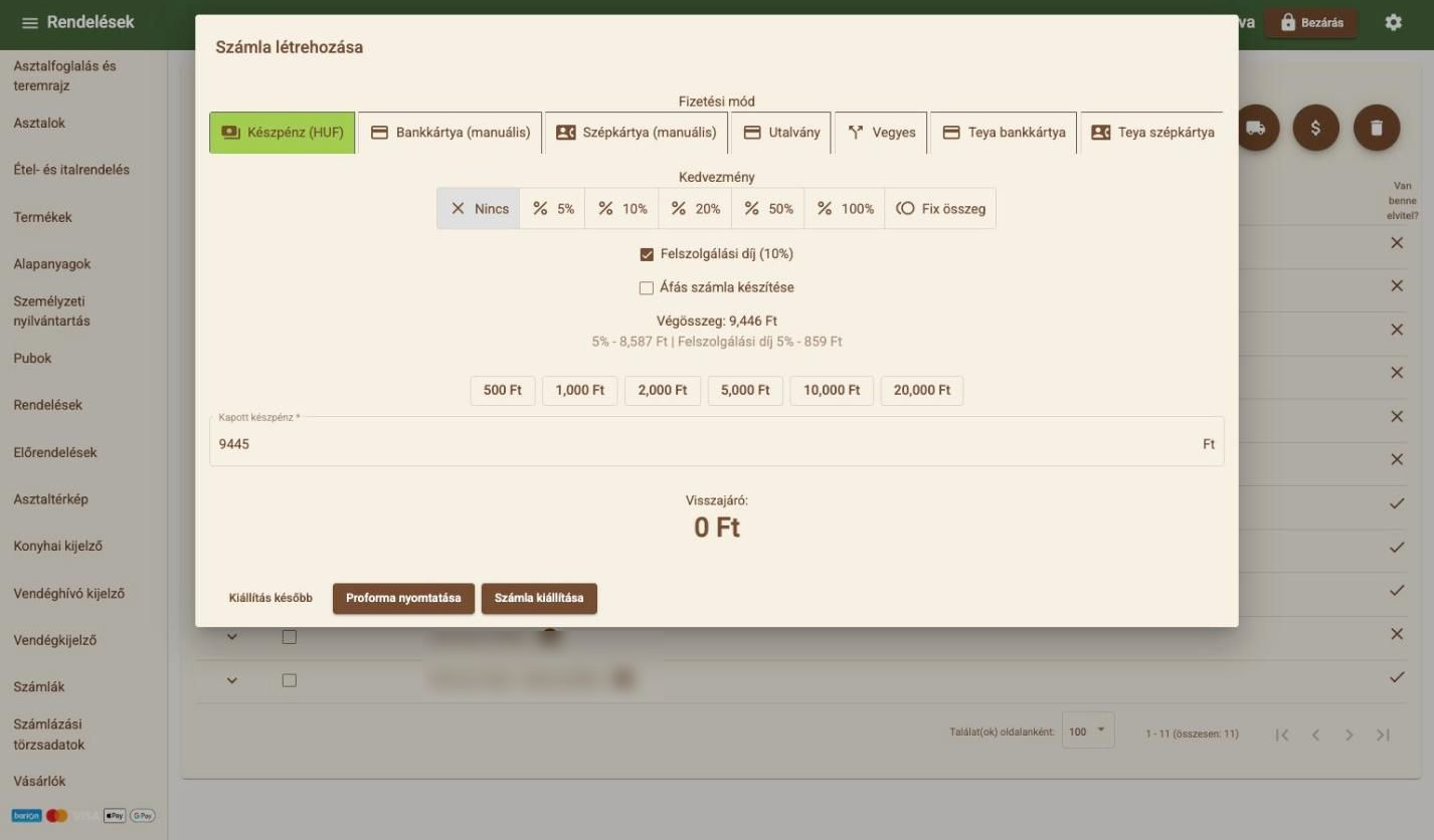Creating a bill: payment methods, discount, service charge