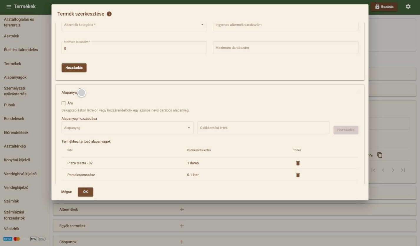 Product editor: ingredients linked to the product with deduction amounts